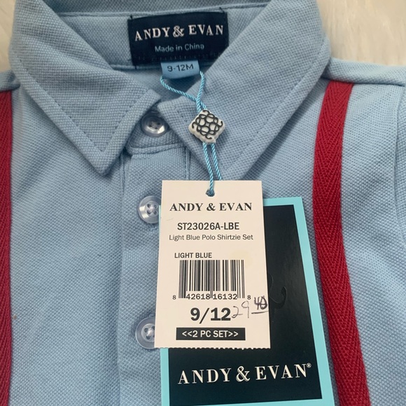 NWT Andy&Evan Blue Polo w Suspenders Design 9-12M - Picture 2 of 3